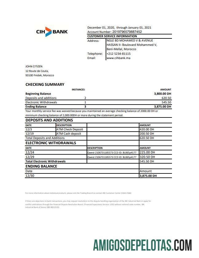 Morocco CIH Bank Excel Pdf modelo